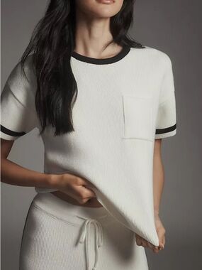 Anthropology Maeve Short-Sleeve Knit boxy sweater Tee with Black Trim